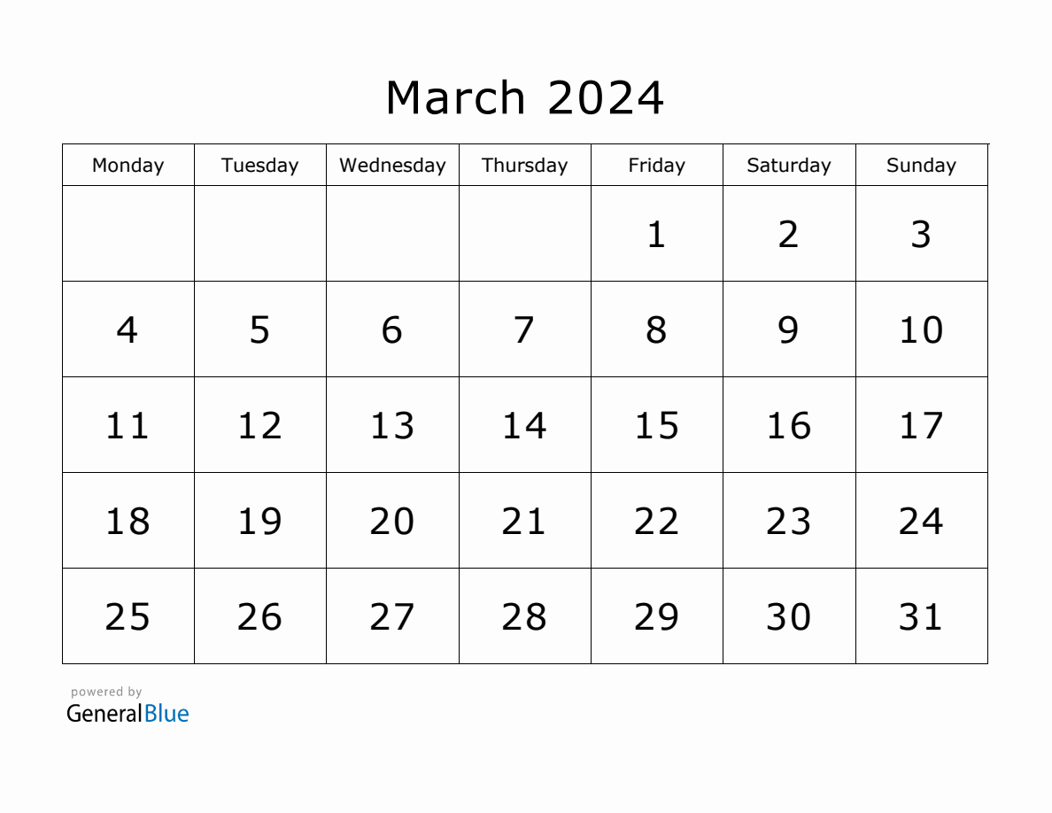 Printable March 2024 Calendar - Monday Start