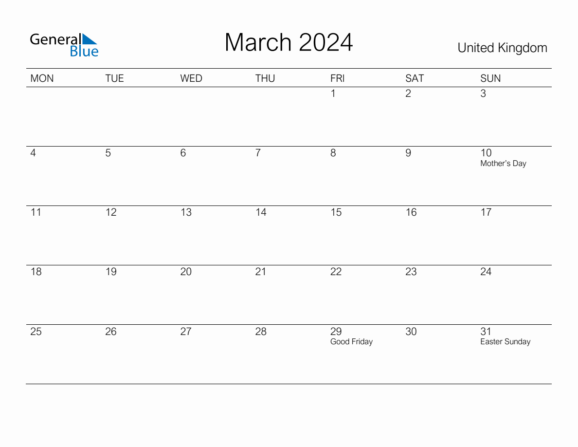 Printable March 2024 Monthly Calendar with Holidays for United Kingdom ...