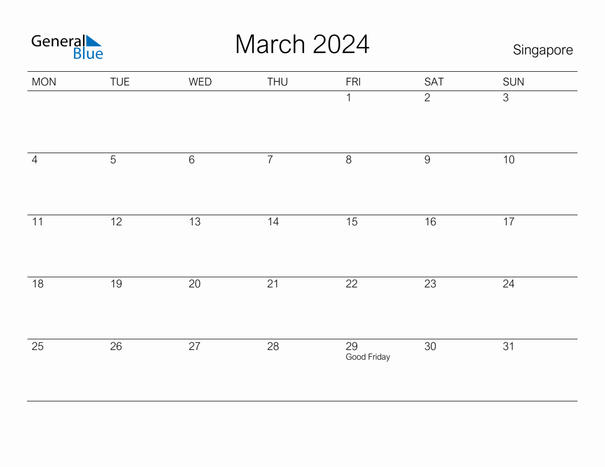 Printable March 2024 Monthly Calendar with Holidays for Singapore ...