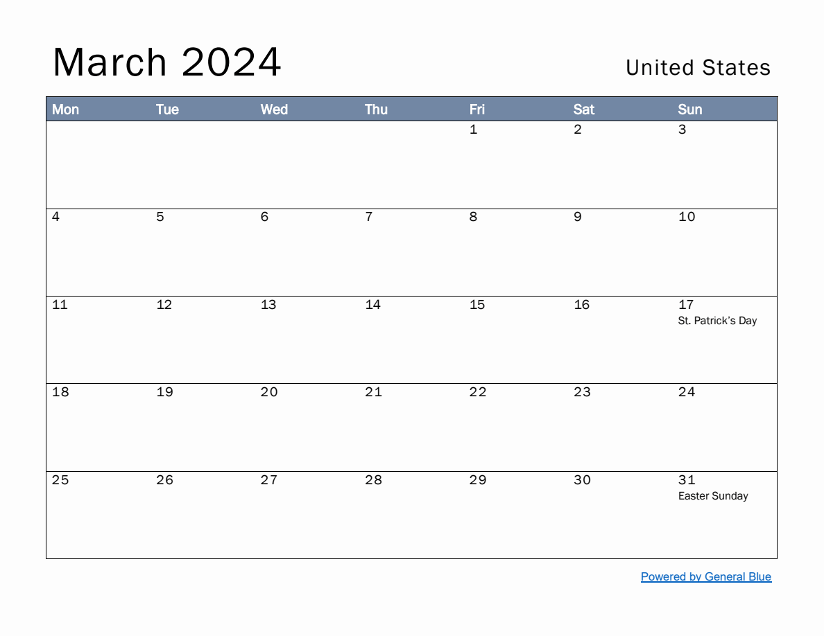 Free Monthly Calendar Template for March 2024 with United States ...