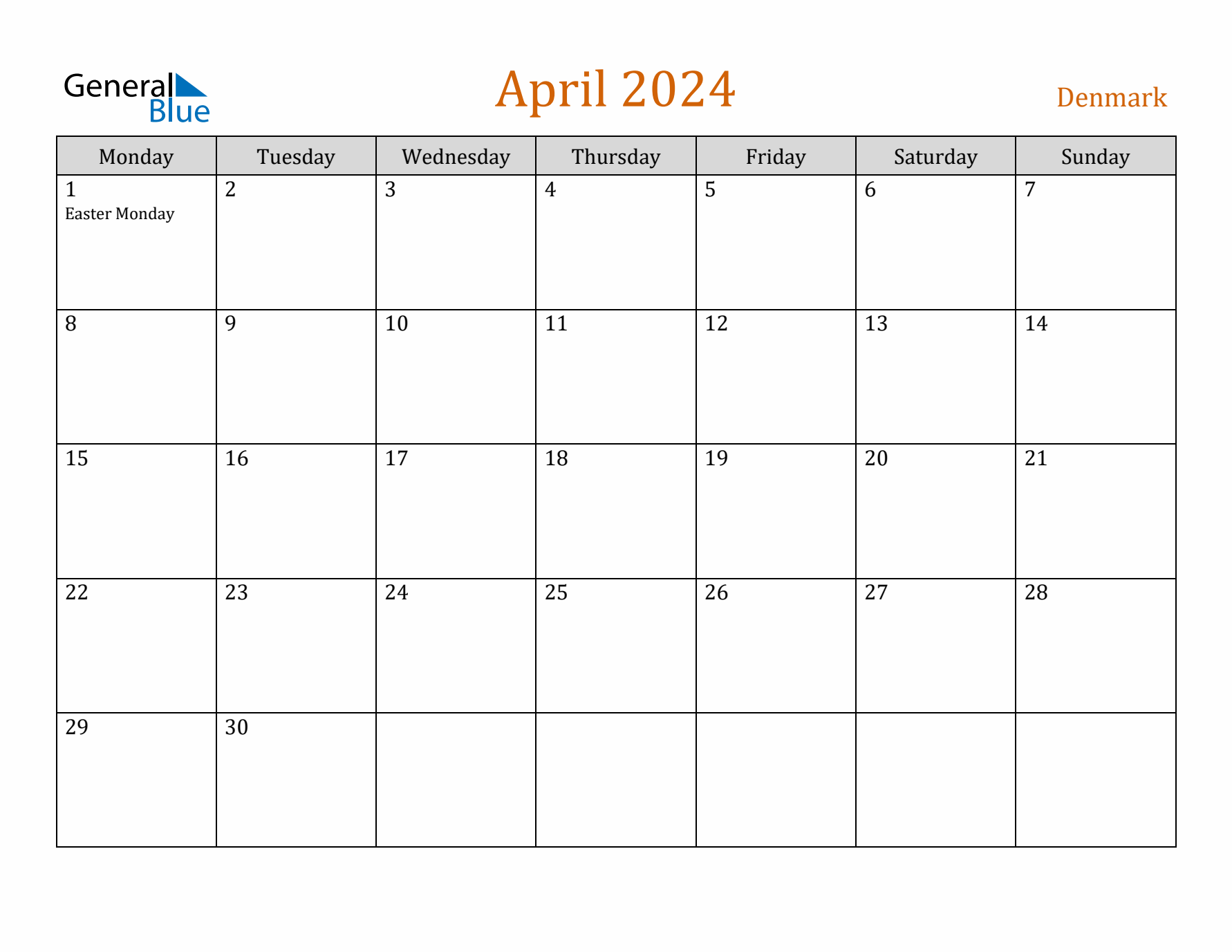 April 2024 Holiday Calendar with Monday Start