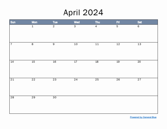 April 2024 Simple Month Calendar Template