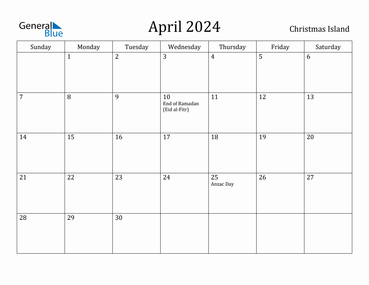 April 2024 Monthly Calendar with Christmas Island Holidays