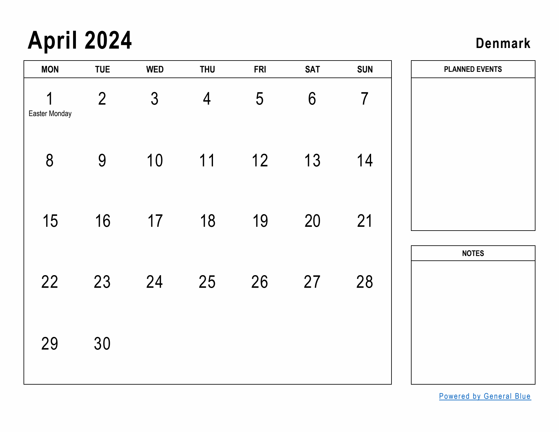 April 2024 Printable Monthly Calendar with Denmark Holidays