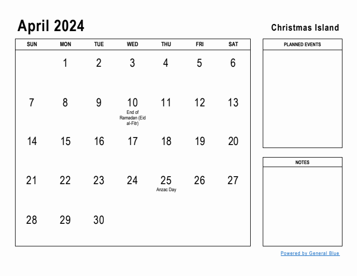 April 2024 Printable Monthly Calendar with Christmas Island Holidays