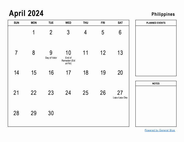 April 2024 Printable Monthly Calendar with Philippines Holidays