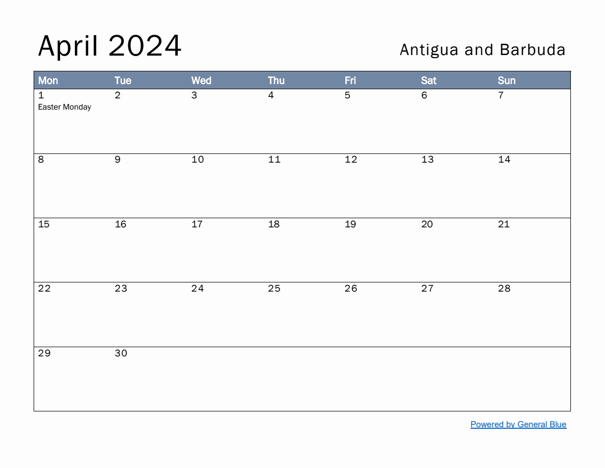 Free Monthly Calendar Template for April 2024 with Antigua and Barbuda ...
