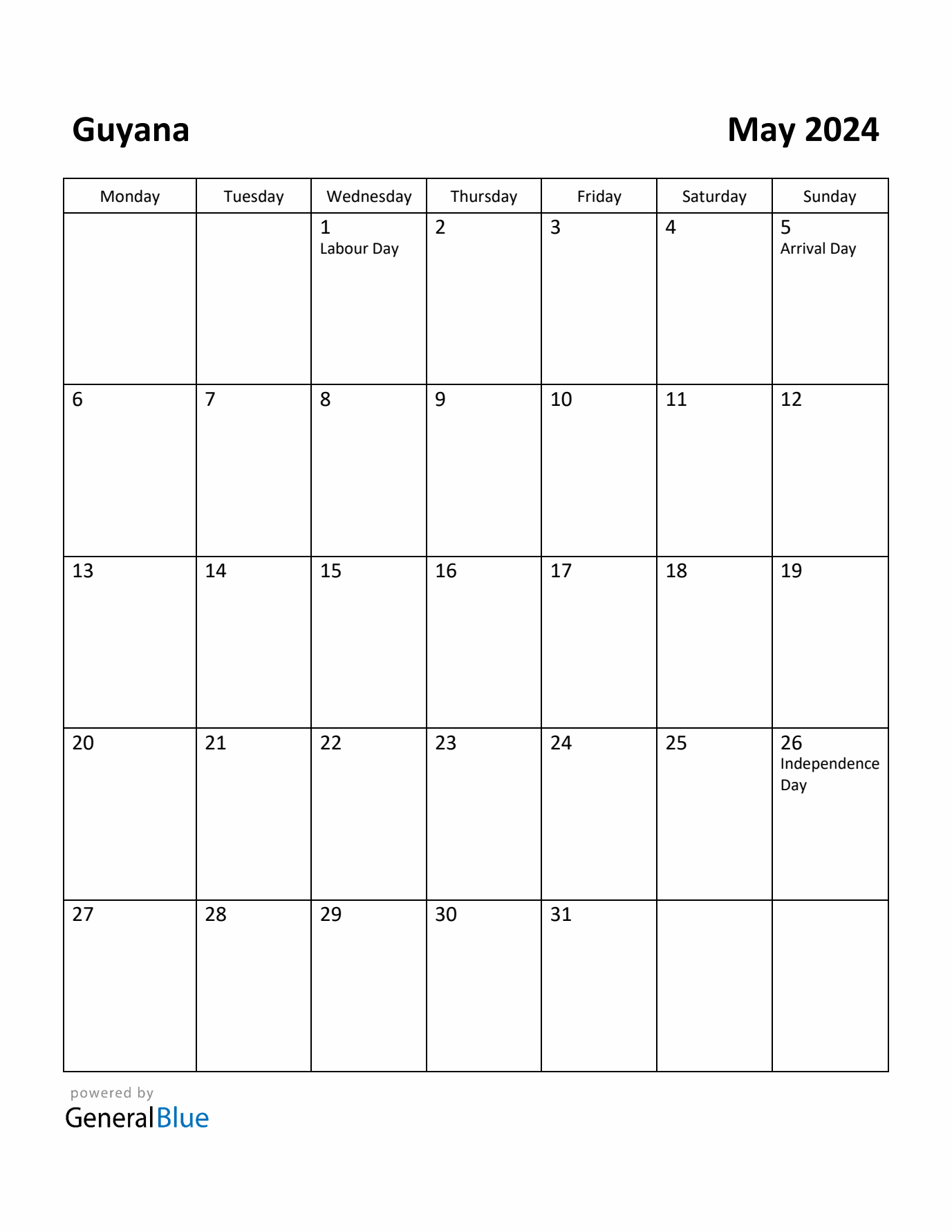 May 2024 Calendar with Guyana Holidays