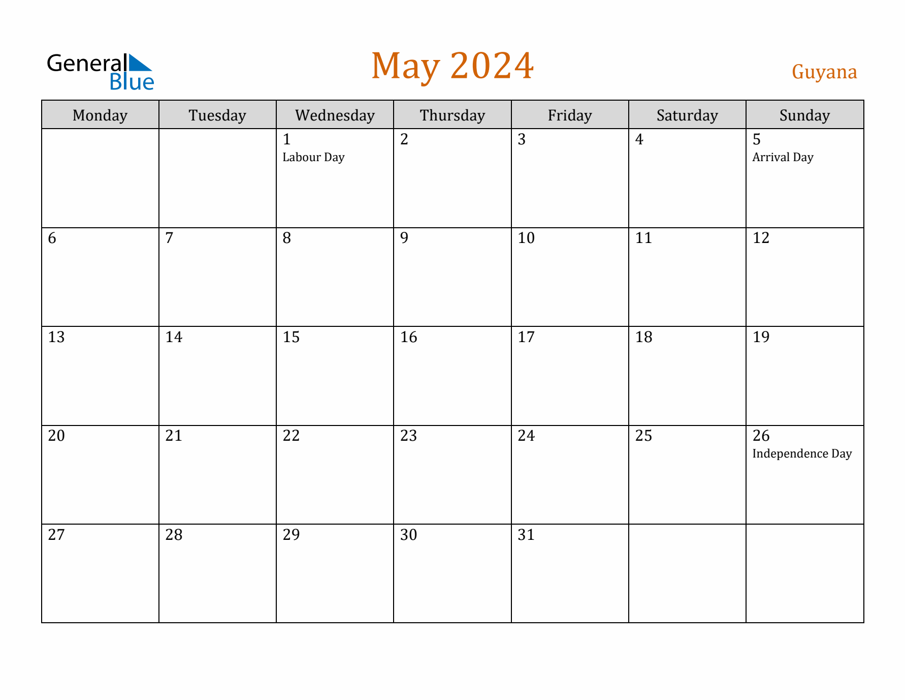 May 2024 Holiday Calendar with Monday Start
