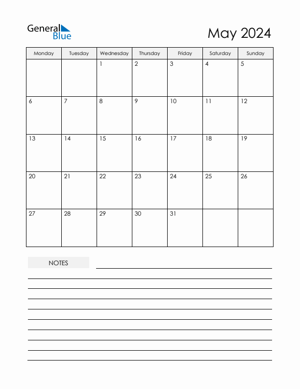 Printable Calendar with Notes - May 2024