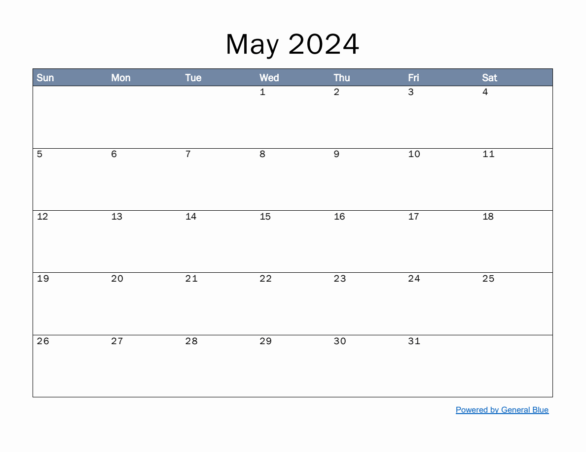 Monthly Calendar Template for May 2024
