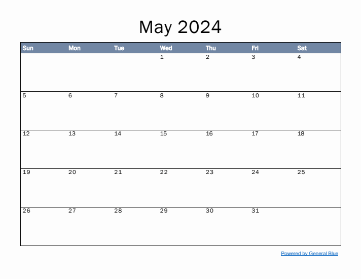 May 2024 Simple Month Calendar Template