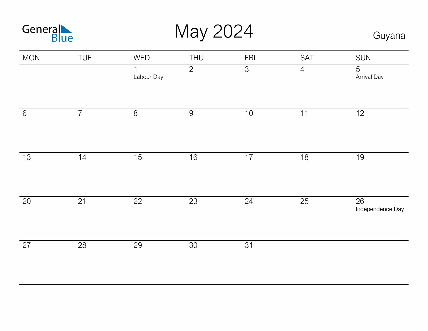 Printable May 2024 Calendar for Guyana