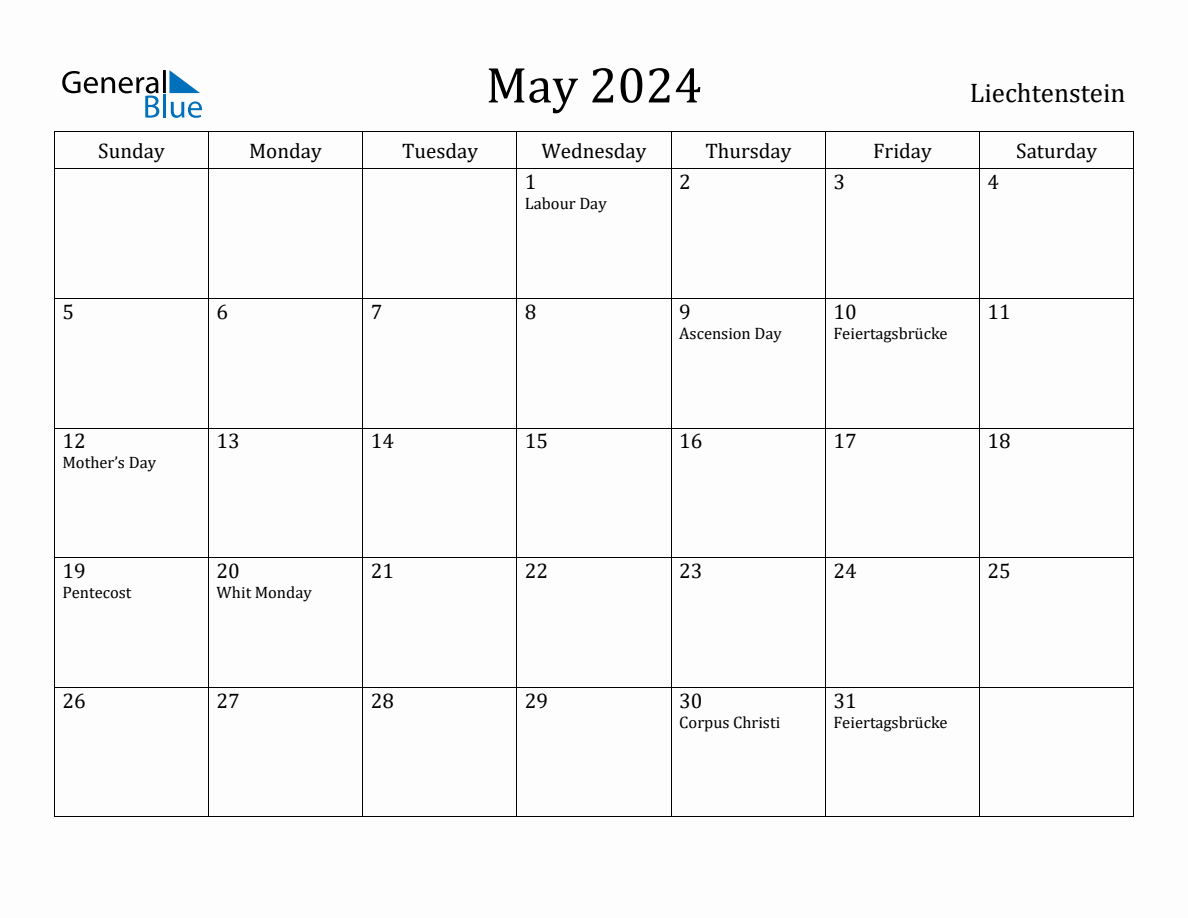 May 2024 Monthly Calendar with Liechtenstein Holidays