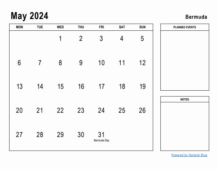 May 2024 Printable Monthly Calendar with Bermuda Holidays