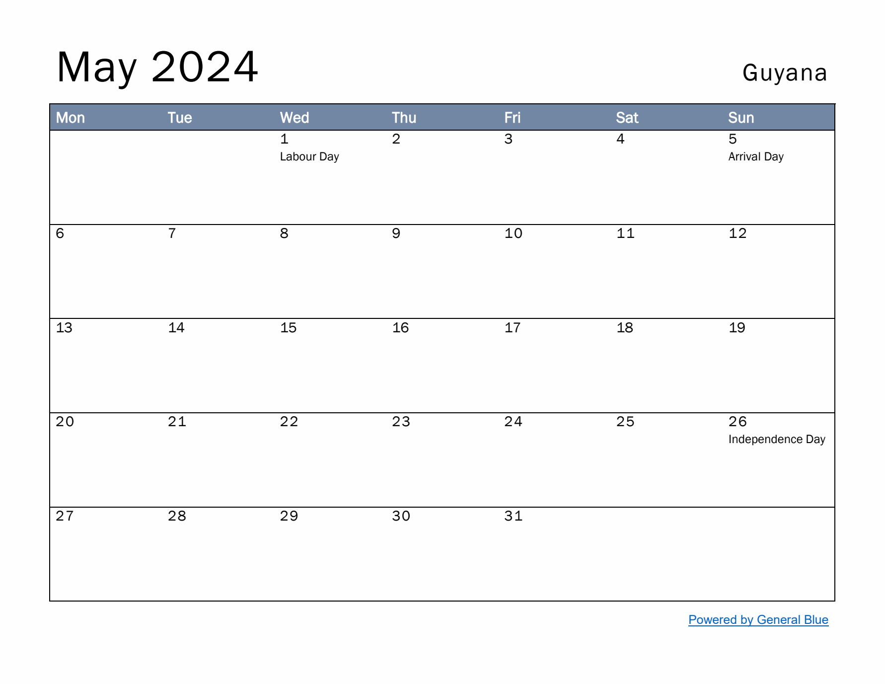 May 2024 Simple Monthly Calendar for Guyana