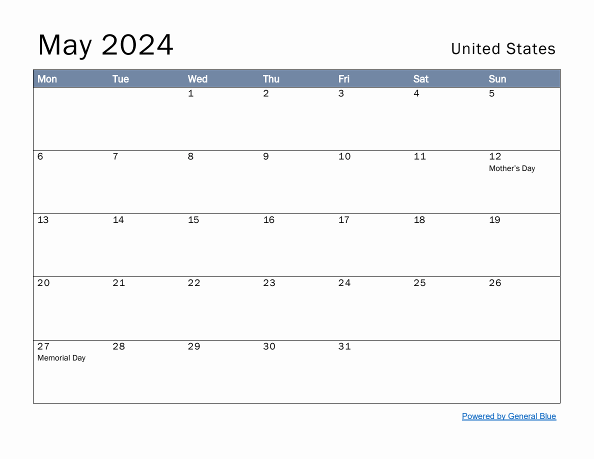 Free Monthly Calendar Template for May 2024 with United States Holidays ...