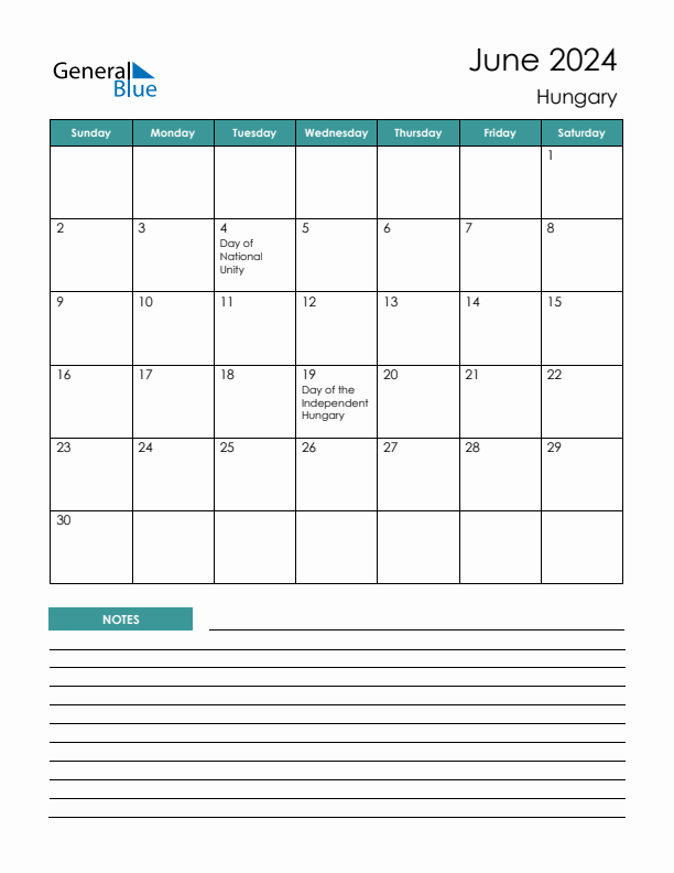 Calendar with Notes Printable - Sunday Start