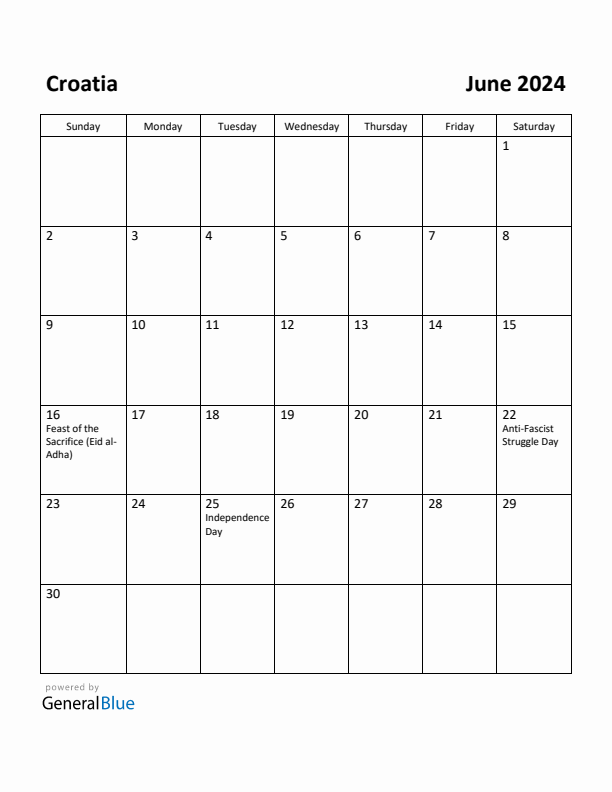June 2024 Calendar with Croatia Holidays