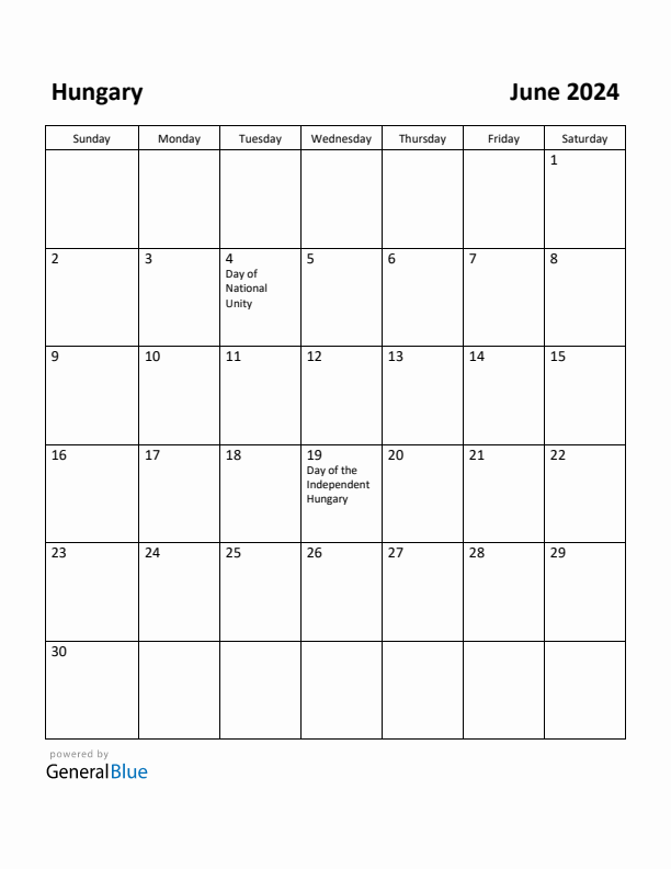 June 2024 Calendar with Hungary Holidays