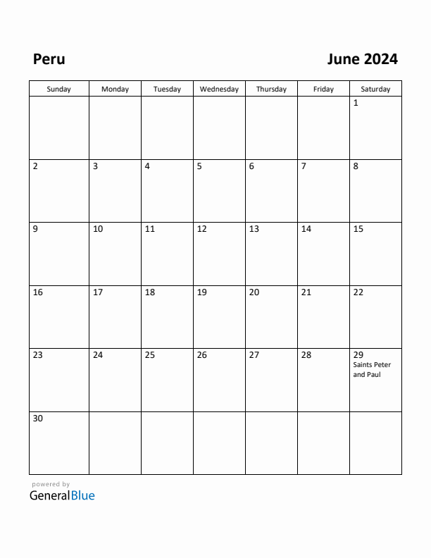 June 2024 Calendar with Peru Holidays