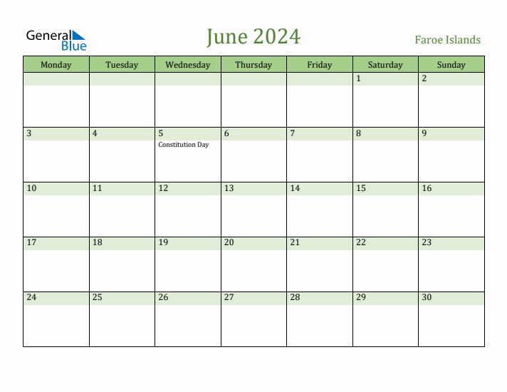 June 2024 Calendar with Faroe Islands Holidays