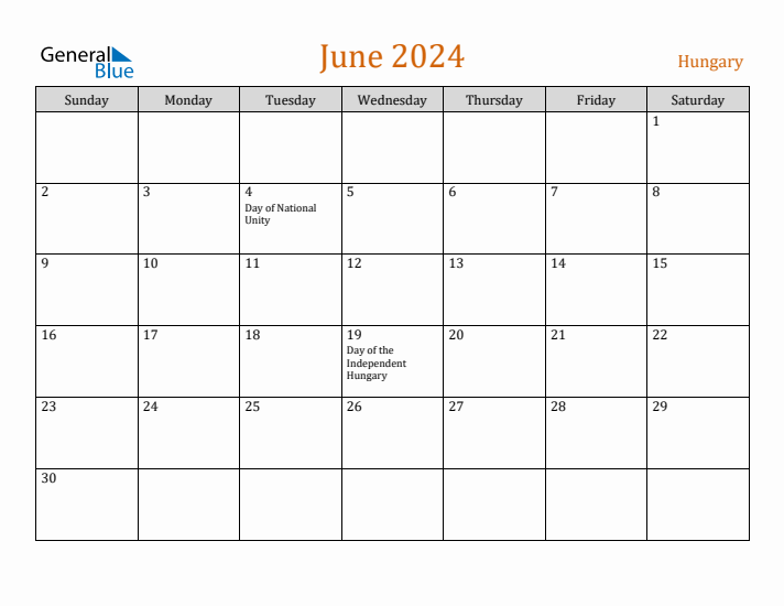 June 2024 Holiday Calendar with Sunday Start