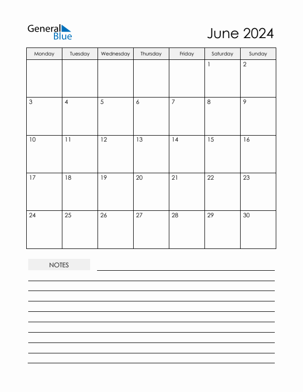 Printable Calendar with Notes - June 2024