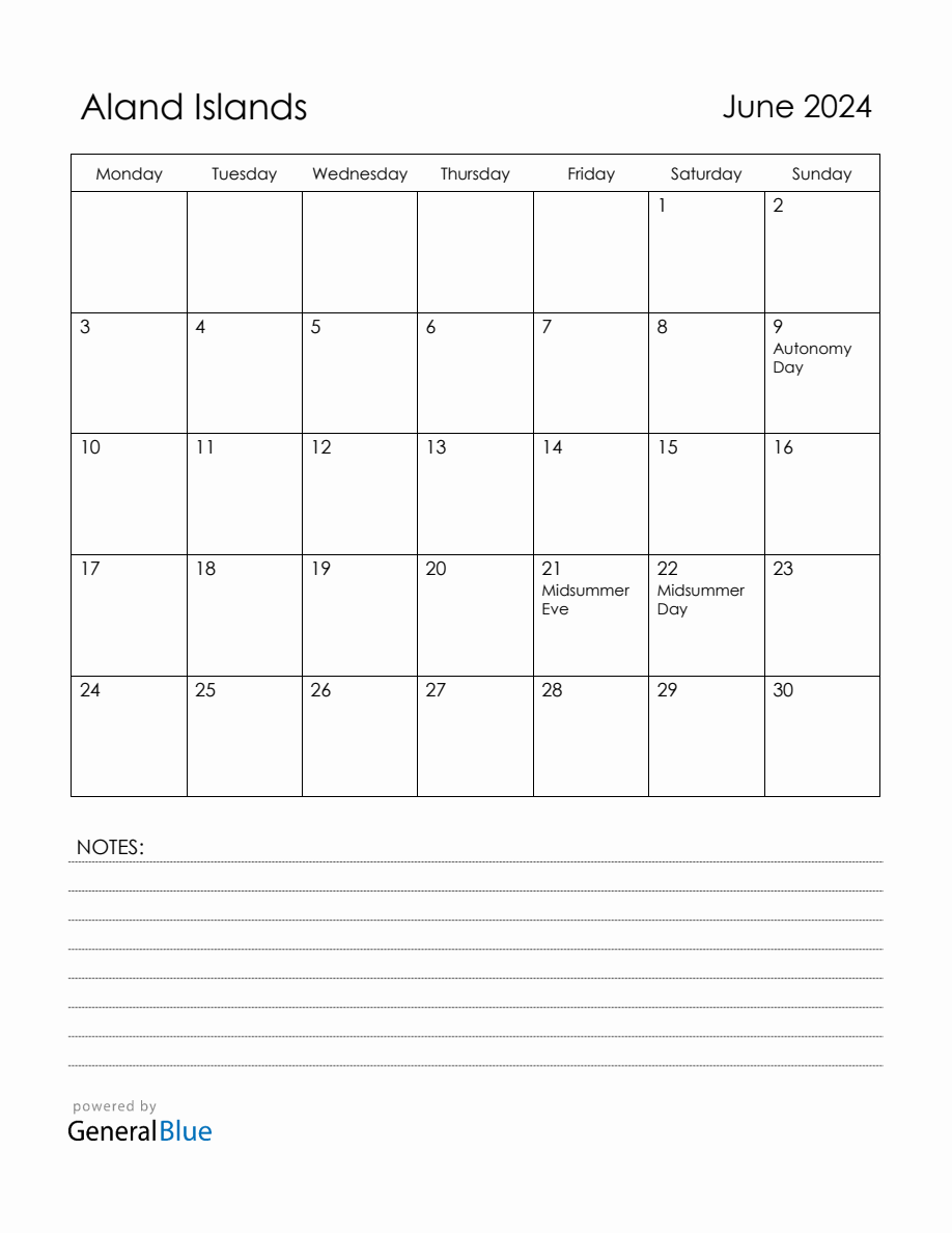 June 2024 Aland Islands Calendar with Holidays (Monday Start)