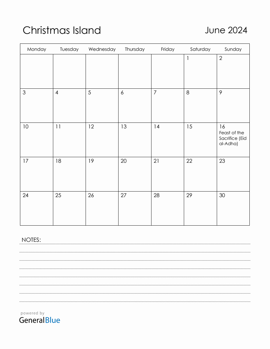 June 2024 Christmas Island Calendar with Holidays (Monday Start)