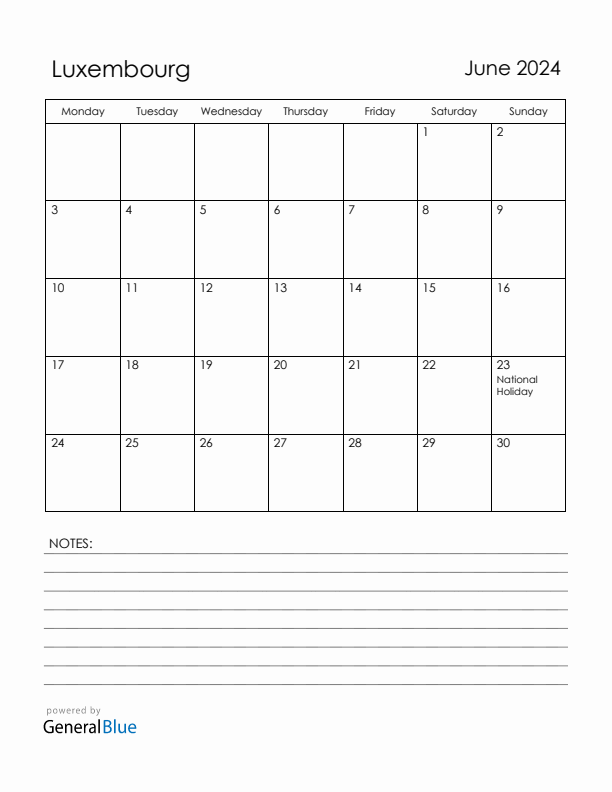 June 2024 Luxembourg Calendar with Holidays (Monday Start)