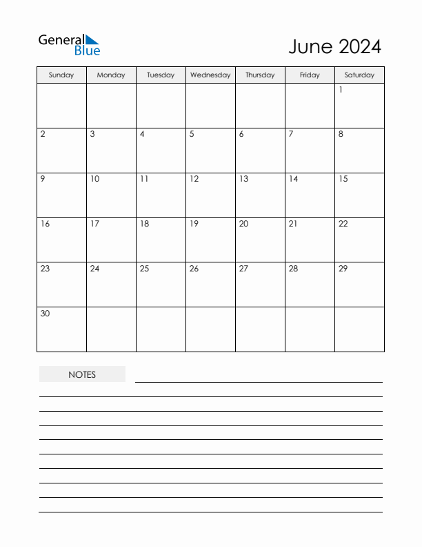 Printable Calendar with Notes - June 2024