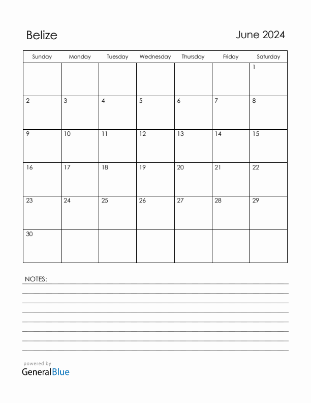 June 2024 Belize Calendar with Holidays (Sunday Start)