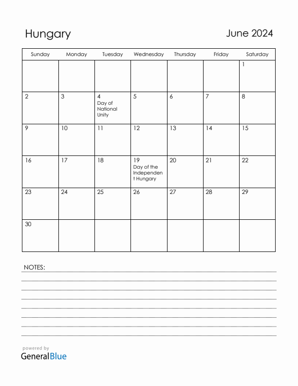 June 2024 Hungary Calendar with Holidays (Sunday Start)