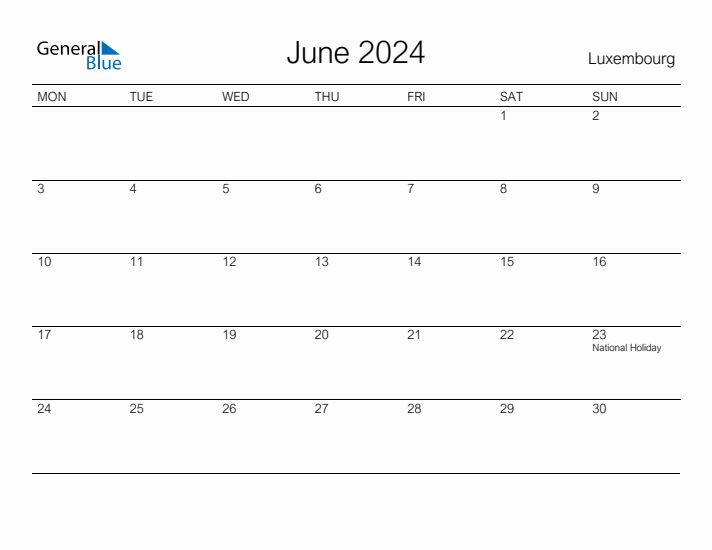 Printable June 2024 Calendar for Luxembourg