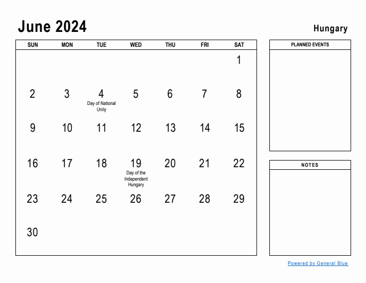 June 2024 Printable Monthly Calendar with Hungary Holidays
