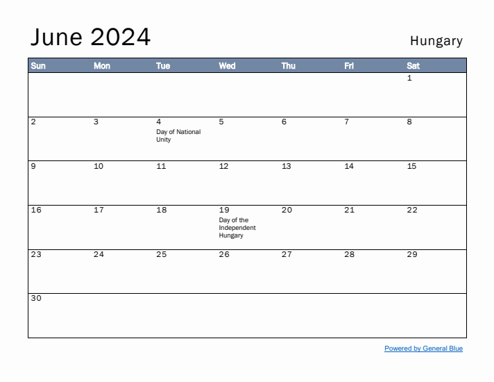 June 2024 Simple Monthly Calendar for Hungary