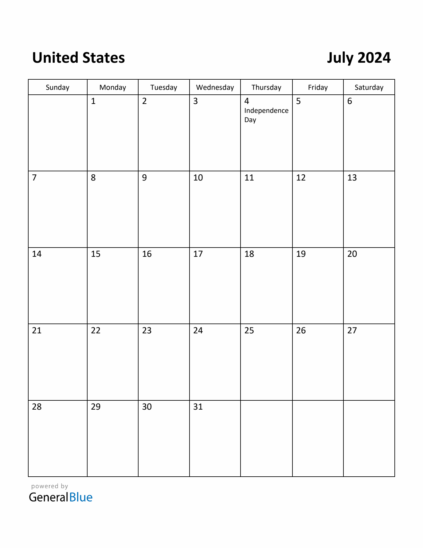 July 2024 Calendar with United States Holidays