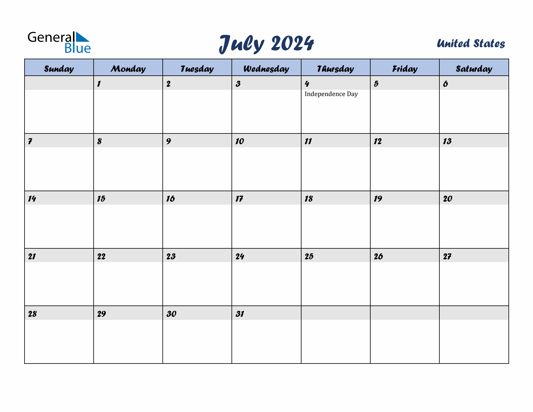 July 2024 Calendar with Holidays in United States