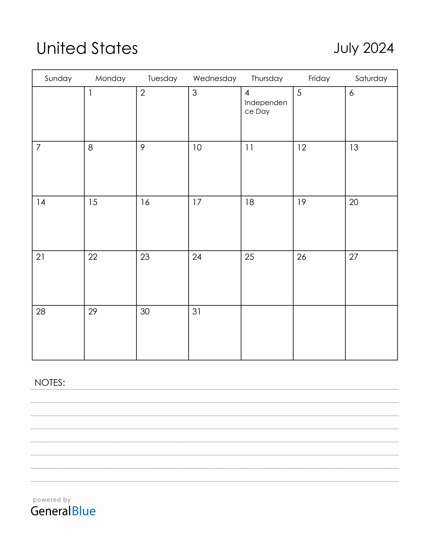 July 2024 United States Calendar with Holidays (Sunday Start)