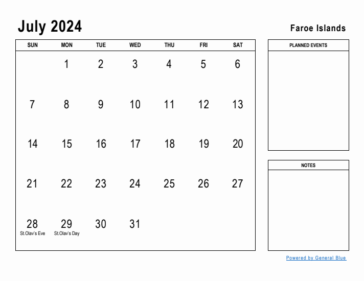 July 2024 Printable Monthly Calendar with Faroe Islands Holidays