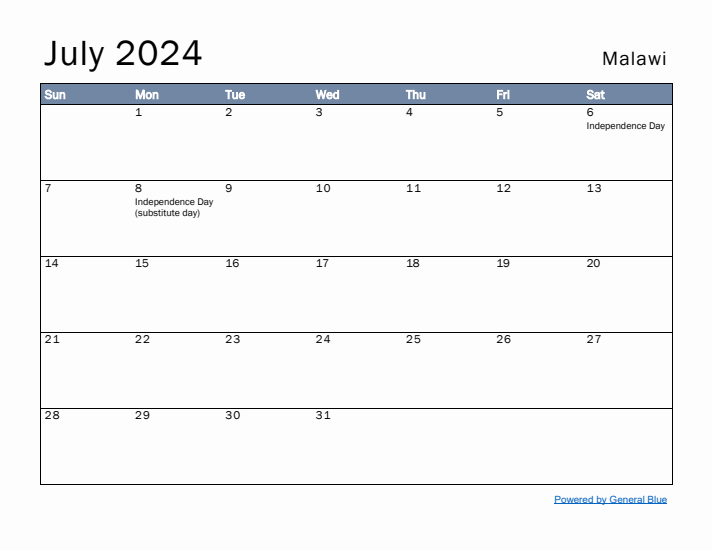 July 2024 Simple Monthly Calendar for Malawi