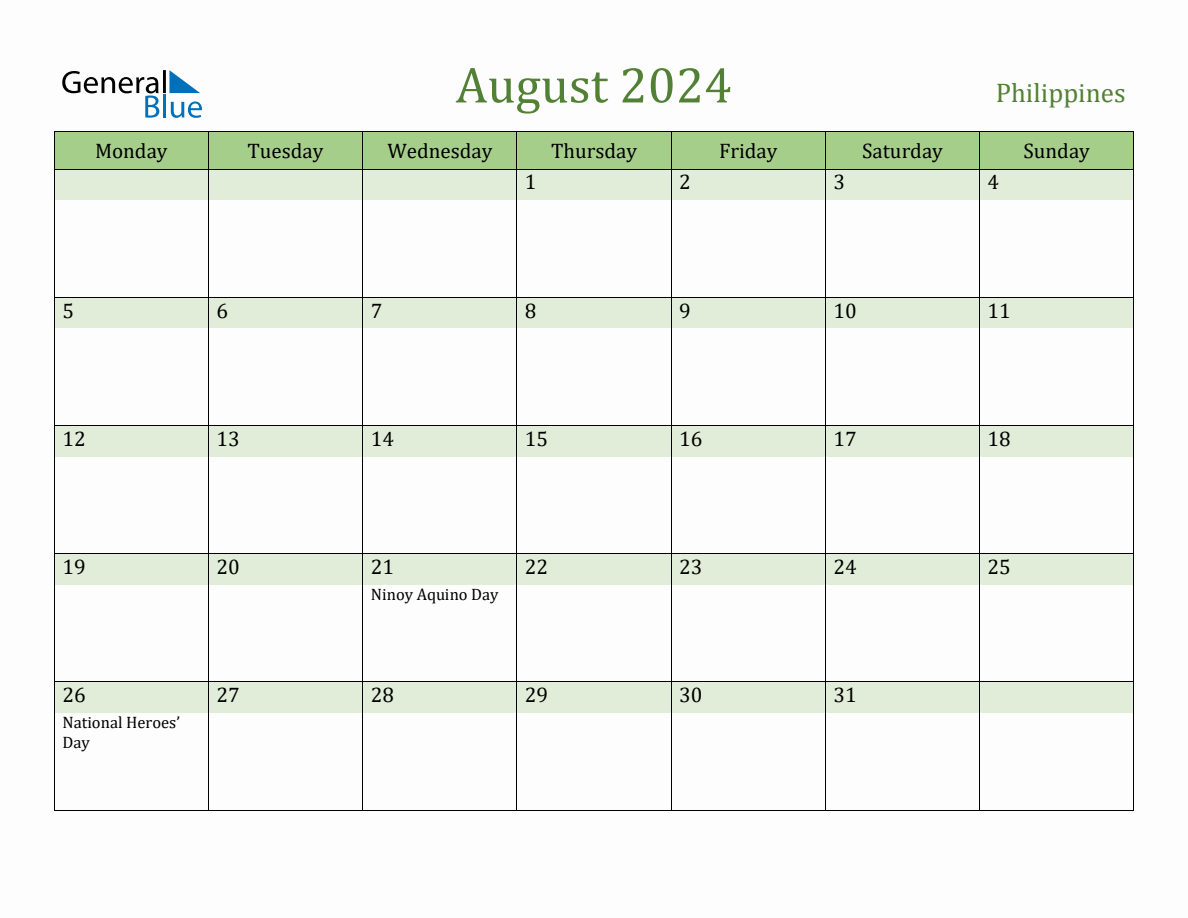 Fillable Holiday Calendar For Philippines August 2024 Monday Start