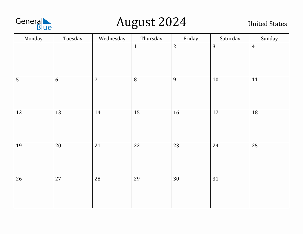 August 2024 Monthly Calendar with United States Holidays (Monday Start)
