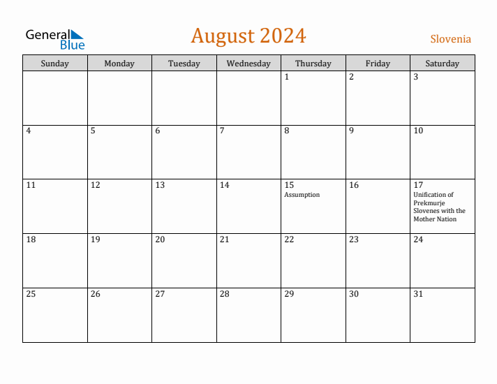 August 2024 Holiday Calendar with Sunday Start