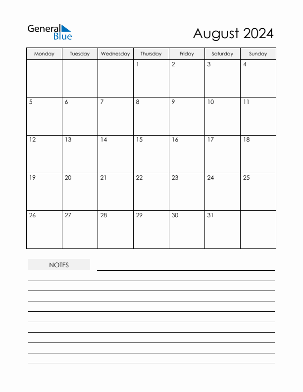 Printable Calendar with Notes - August 2024