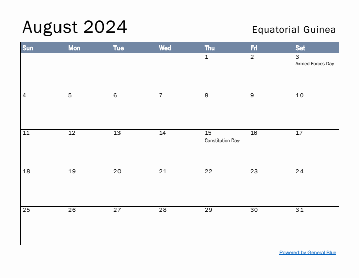 August 2024 Simple Monthly Calendar for Equatorial Guinea