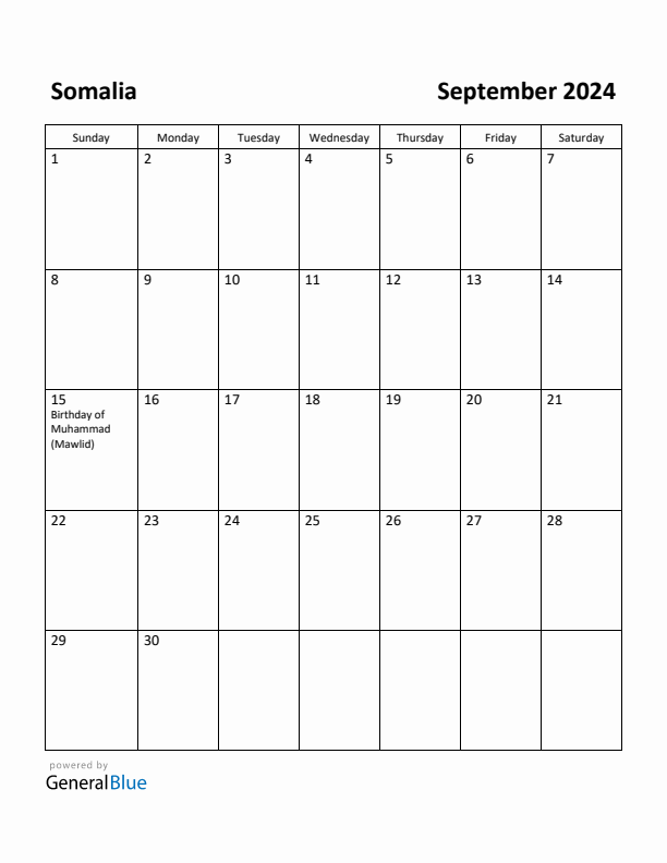 September 2024 Calendar with Somalia Holidays