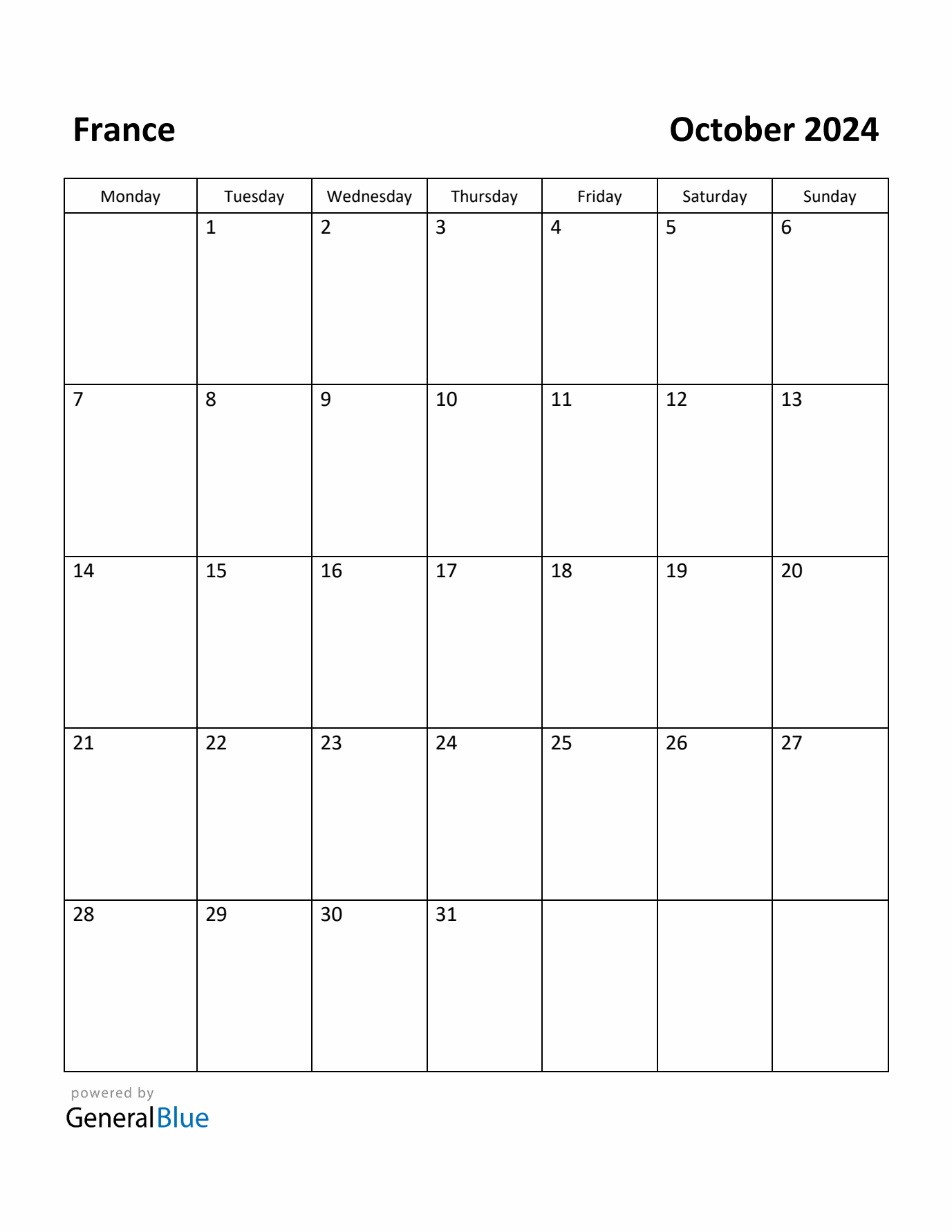 October 2024 Calendar with France Holidays