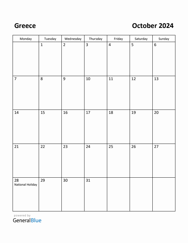 October 2024 Calendar with Greece Holidays